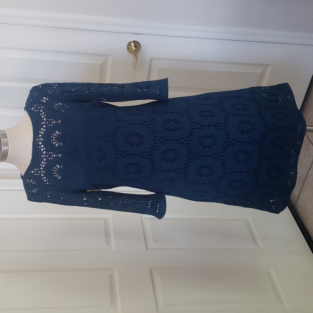 Chico's Camille Crochet Lace Shift Dress Teal Blue Size 1 S Bell Sleeve - Picture 11 of 14